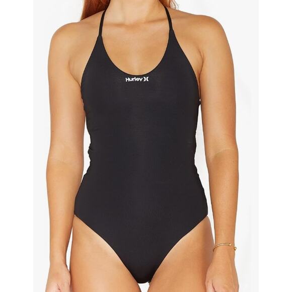 Hurley Black Solid One-Piece Swimsuit lace up open back white logo Medium NWT - Picture 2 of 8